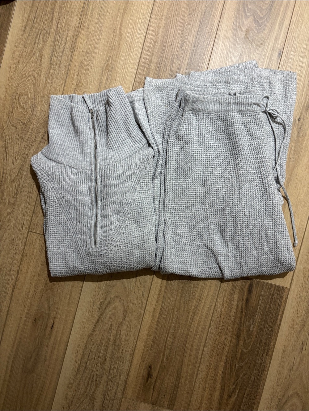 aerie Heather Gray Knit Quarter-Zip Pullover & Wide Leg Pant Set